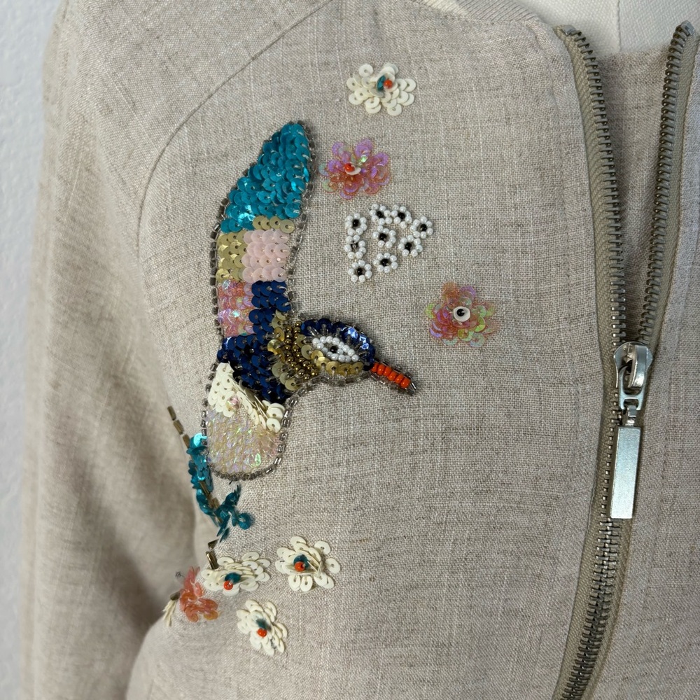 Anthropologie Blue Rain Sequin Hummingbird Bomber Jacket Size Small (S) - Picture 6 of 15